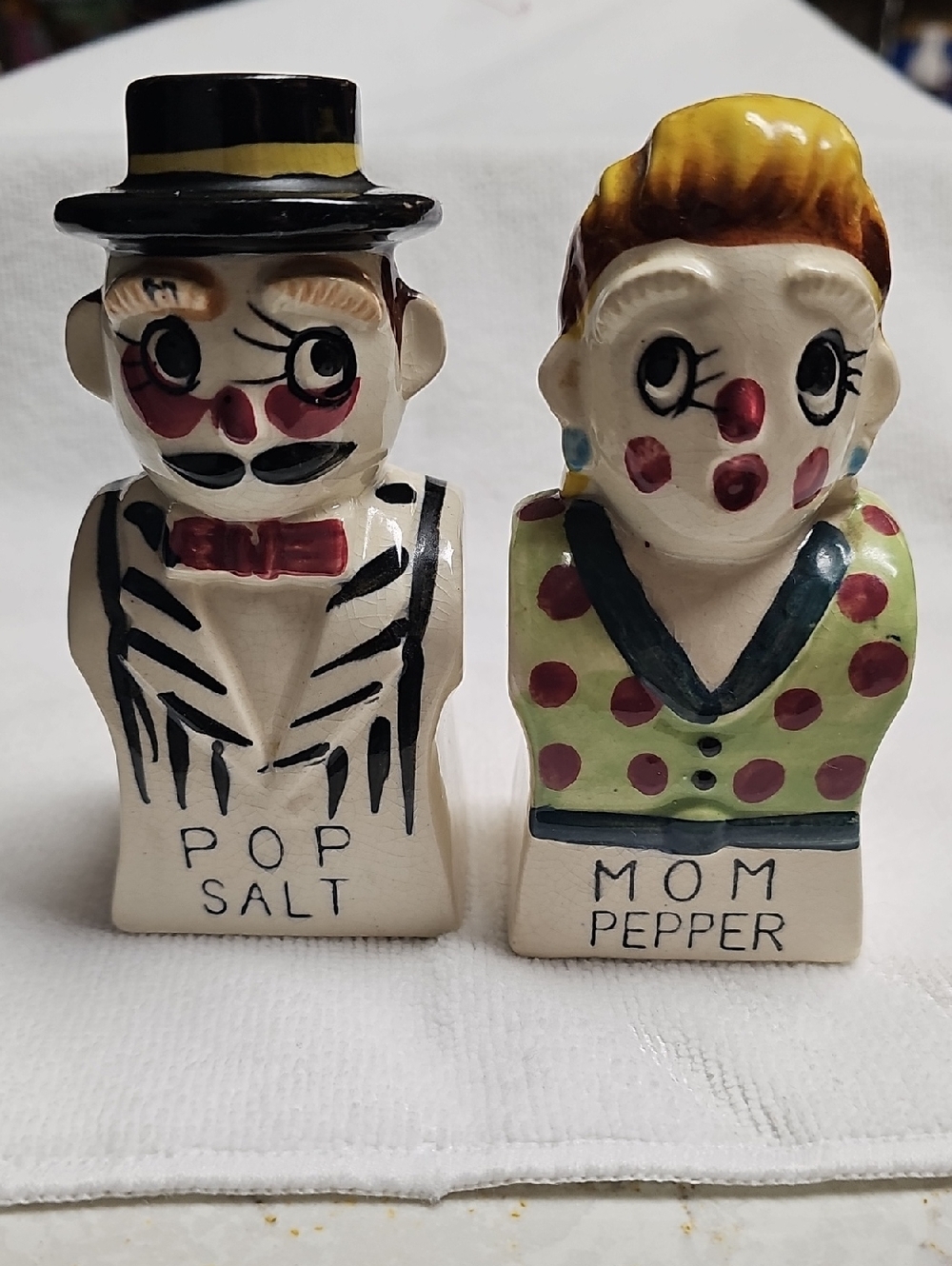 Vintage Ceramic 'Pop Salt' & 'Mom Pepper' Shakers - Handpainted Clown Pair